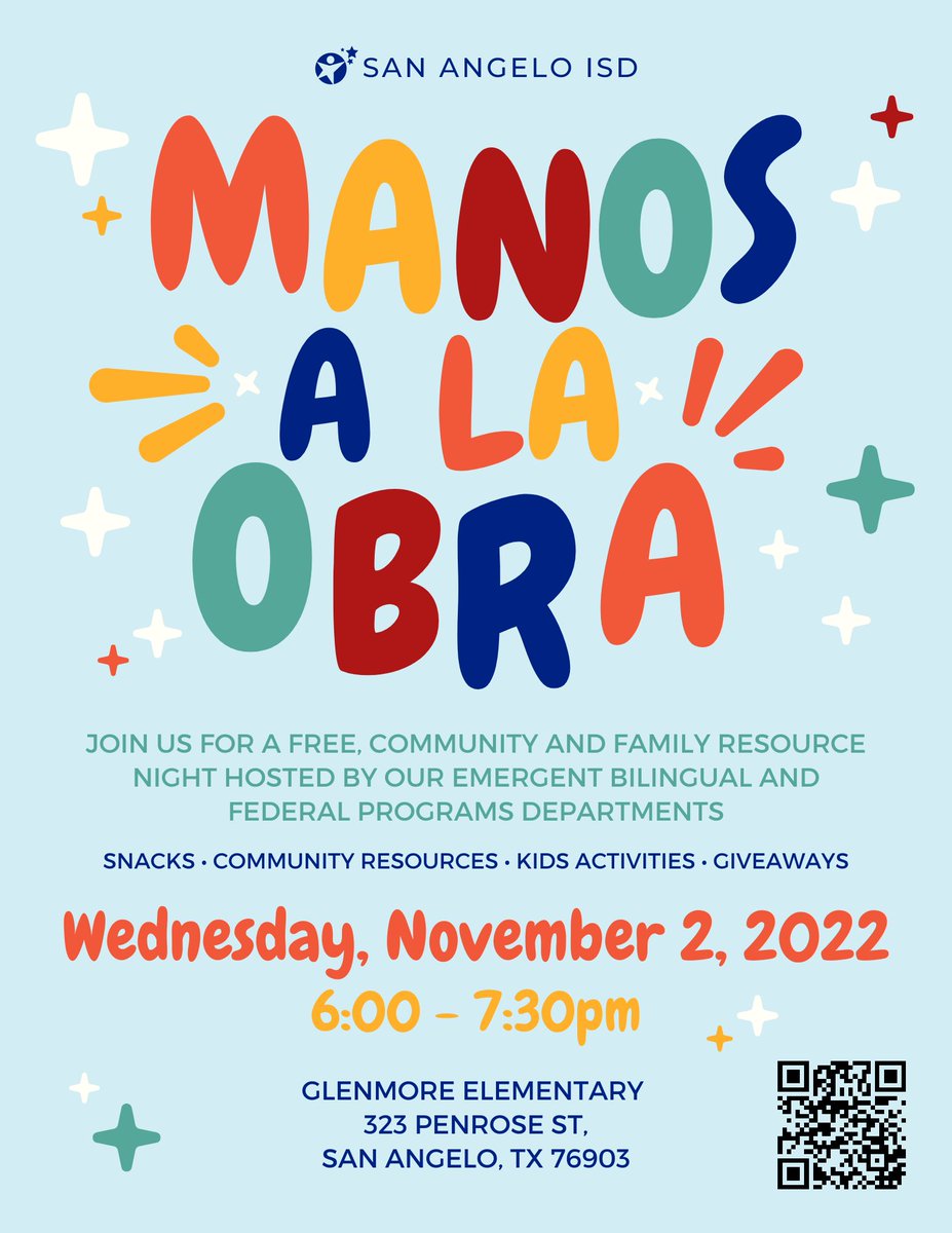 Join us for a FREE community and family resource night hosted by our Emergent Bilingual and Federal Programs Depts on Wed, Nov 2nd from 6:00-7:30pm at Glenmore Elementary. This fun event will have snacks, community resources, kids activities, and giveaways!