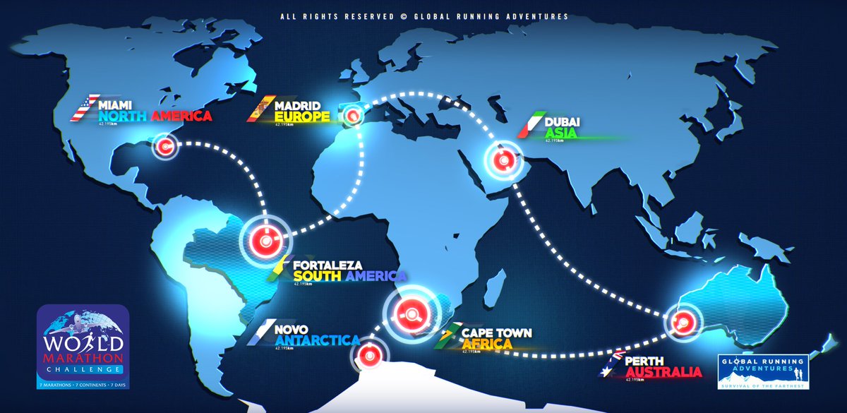 The World Marathon Challenge is set to return in 2023. The route map from January 31st - February 6th is Antarctica - Cape Town - Perth - Dubai - Madrid - Fortaleza - Miami. 
#7marathons7continents7days #7marathons7continents #worldmarathonchallenge #marathons #running #athletics