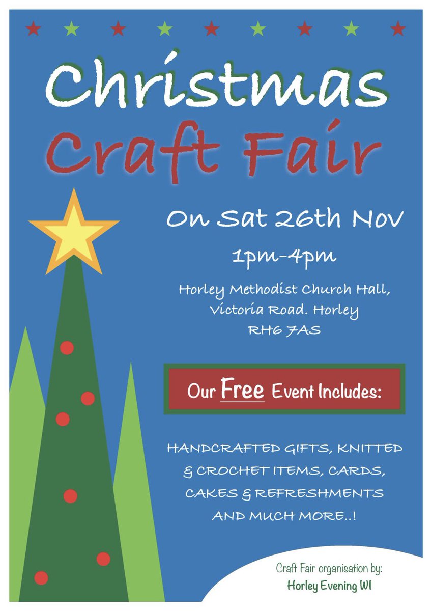 Horley Evening WI are holding a Christmas Craft Fair on Saturday 26th November at Horley Methodist church hall, from 1pm - 4pm. Please come along and buy some Christmas presents. Hot drinks, cake and tombola as well  #horleyeveningwi #horleywi #surreyfed #thewomensinstitute