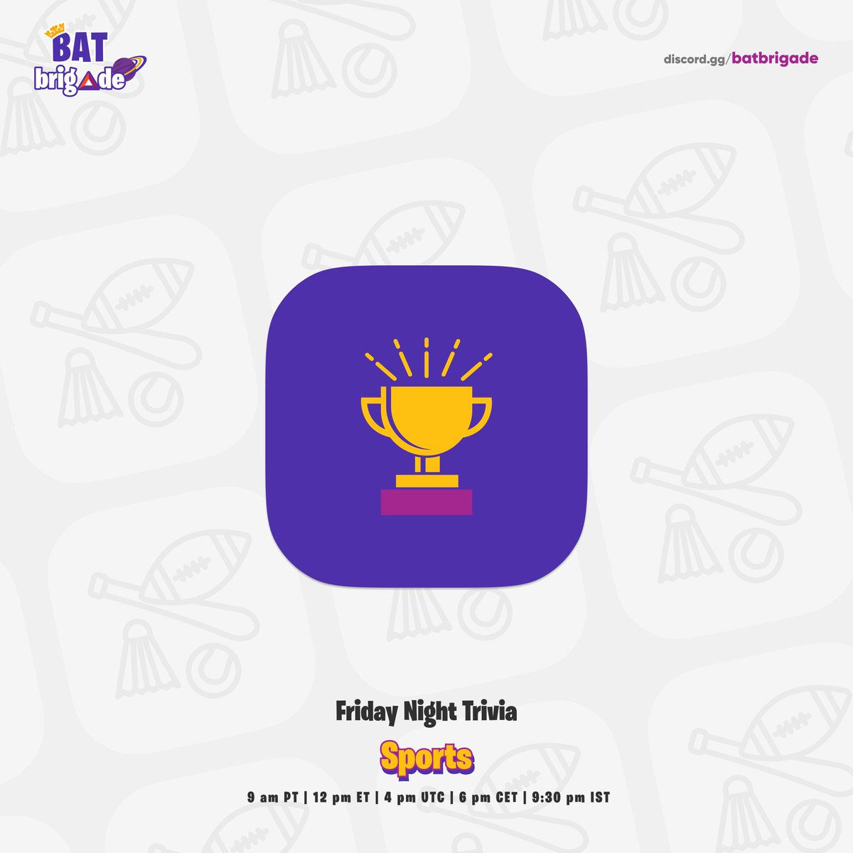 به سرور دیسکورد
$Bat
برای ترویا نایت هر جمعه بپیوندید
 (۲۱ اکتبر) در ساعت 9 صبح PT / 12PM ET / 4PM UTC / 9: 30PM IST-
  شانس خود را برای برنده شدن بت امتحان کنید! موضوع این هفته: ورزش 
توسط  <a href="/imdave000/">Dave</a> -
 گرافیک توسط <a href="/voidhistorian/">Arsh V</a> -
 لینک دعوت: 
discord.gg/batbrigade