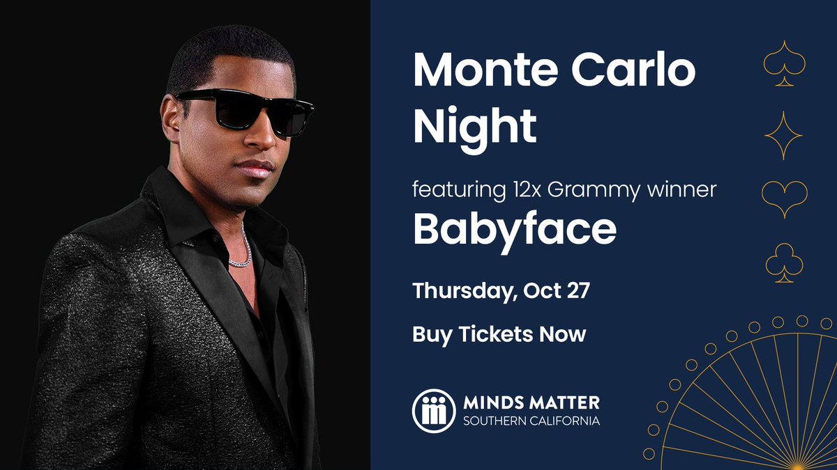 mmsocal's tweet photo. Join us for Minds Matter Southern California’s Monte Carlo Night at Vibiana, DTLA. Performance by 12-time Grammy winner Babyface and great food from famed chef Neal Fraser. Limited tickets are available for this exclusive event. Click the link to buy now. https://t.co/CuJKWuRhhA https://t.co/g0fBNEI7N2