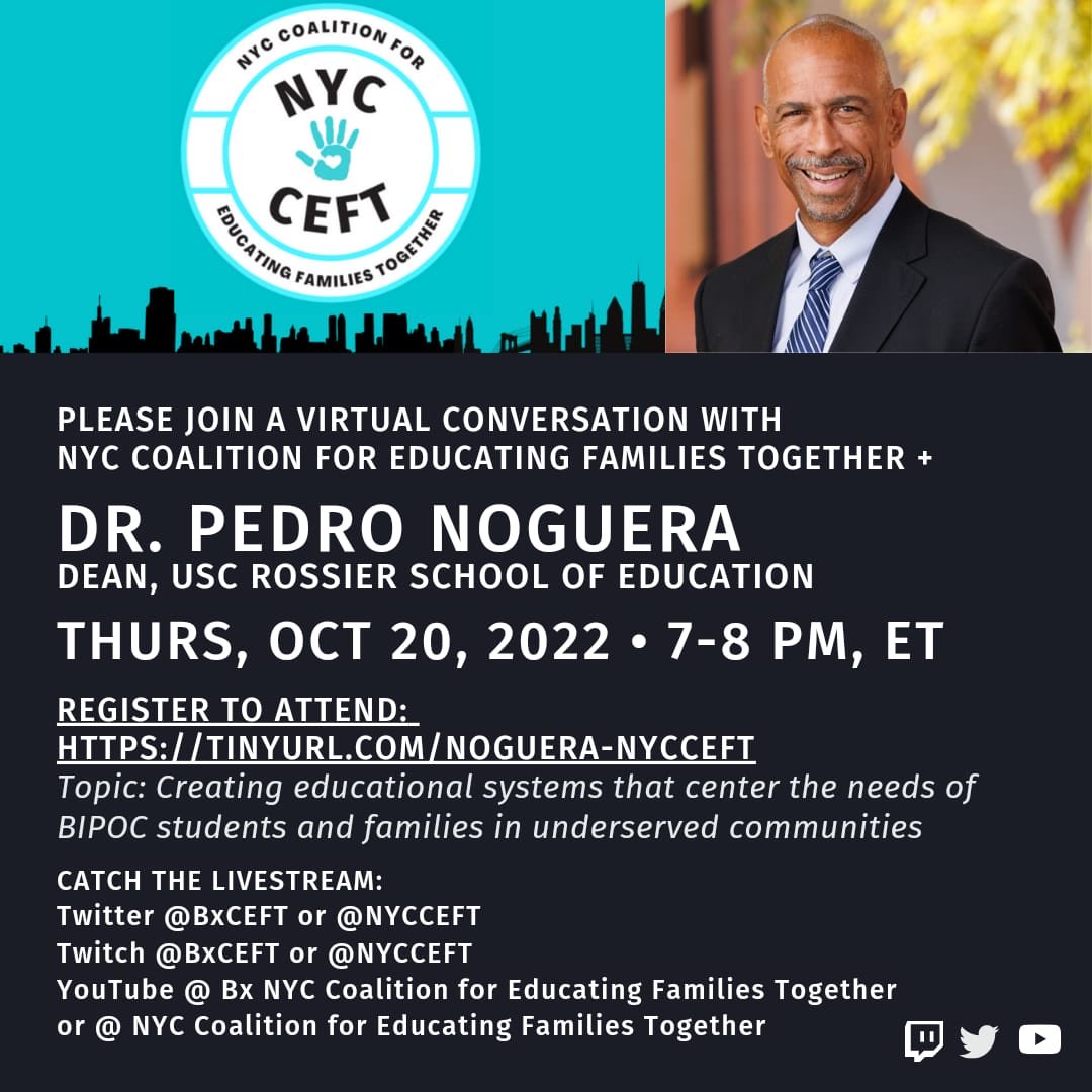 Please join the <a href="/NYCCEFT/">NYC Coalition for Educating Families Together</a> TONIGHT for a virtual conversation with thought leader, author, Dean of the University of Southern California Rossier School of Education, 
Register using the link:
 tinyurl.com/Noguera-NYCCEFT 
or watch live on: 
YouTube:
youtube.com/channel/UCFUjp…