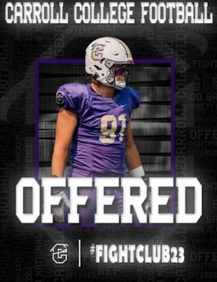 After a great call this morning with <a href="/CoachTPurcell/">Coach Troy Purcell</a> I’m blessed and excited to announce that I have received my first offer from <a href="/FootballCarroll/">Carroll College Football</a>! <a href="/CoachPfanny/">Alex Pfannenstiel</a> #fightclub23 #gosaints