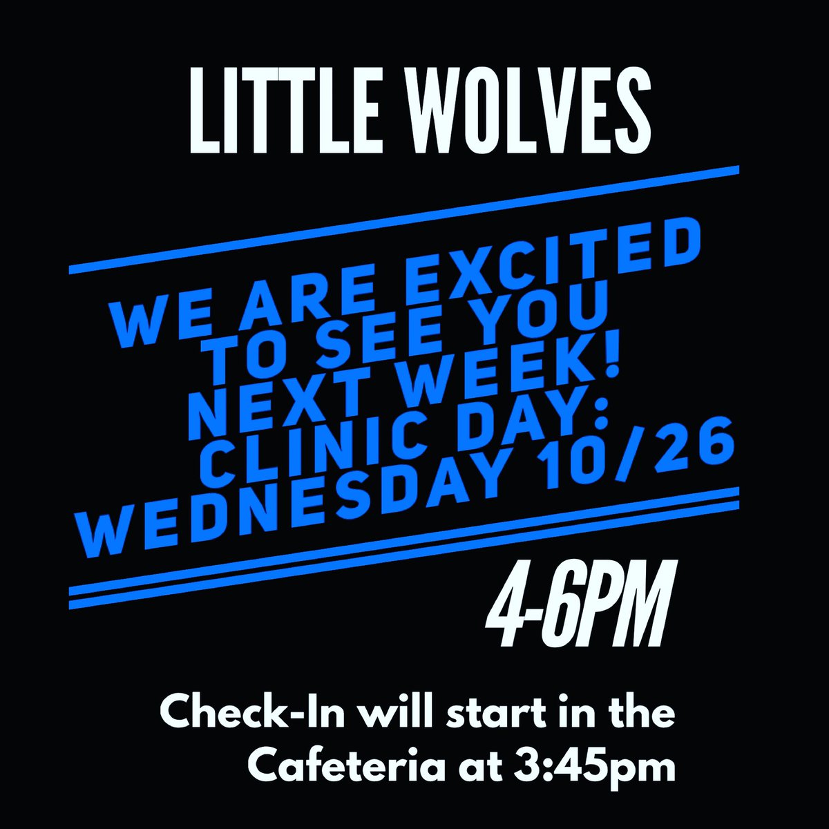 Those registered for our Youth Clinic, we cannot wait to work with you next week! Make sure to wear athletic clothing and shoes and bring a water bottle for a howling good time🐺