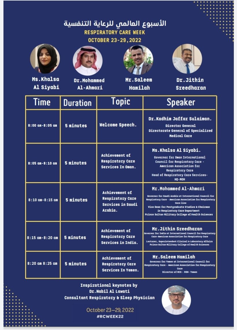 SaleemHamilah's tweet photo. I will be honored and privileged to be a speaker of Respiratory Care Scientific day that is organizing by @OmaniMOH , RC administration.
#RCWEEK22, #rtweek22 #WorldNeedsMoreRTs #YemenNeedsMoreRTs #respiratorycare #respiratorytherapy https://t.co/BYg8XfCq0h