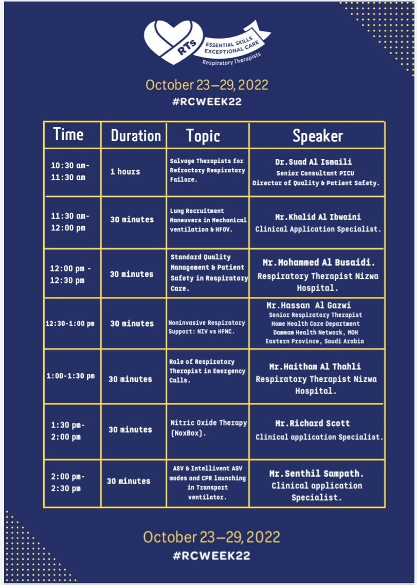 SaleemHamilah's tweet photo. I will be honored and privileged to be a speaker of Respiratory Care Scientific day that is organizing by @OmaniMOH , RC administration.
#RCWEEK22, #rtweek22 #WorldNeedsMoreRTs #YemenNeedsMoreRTs #respiratorycare #respiratorytherapy https://t.co/BYg8XfCq0h