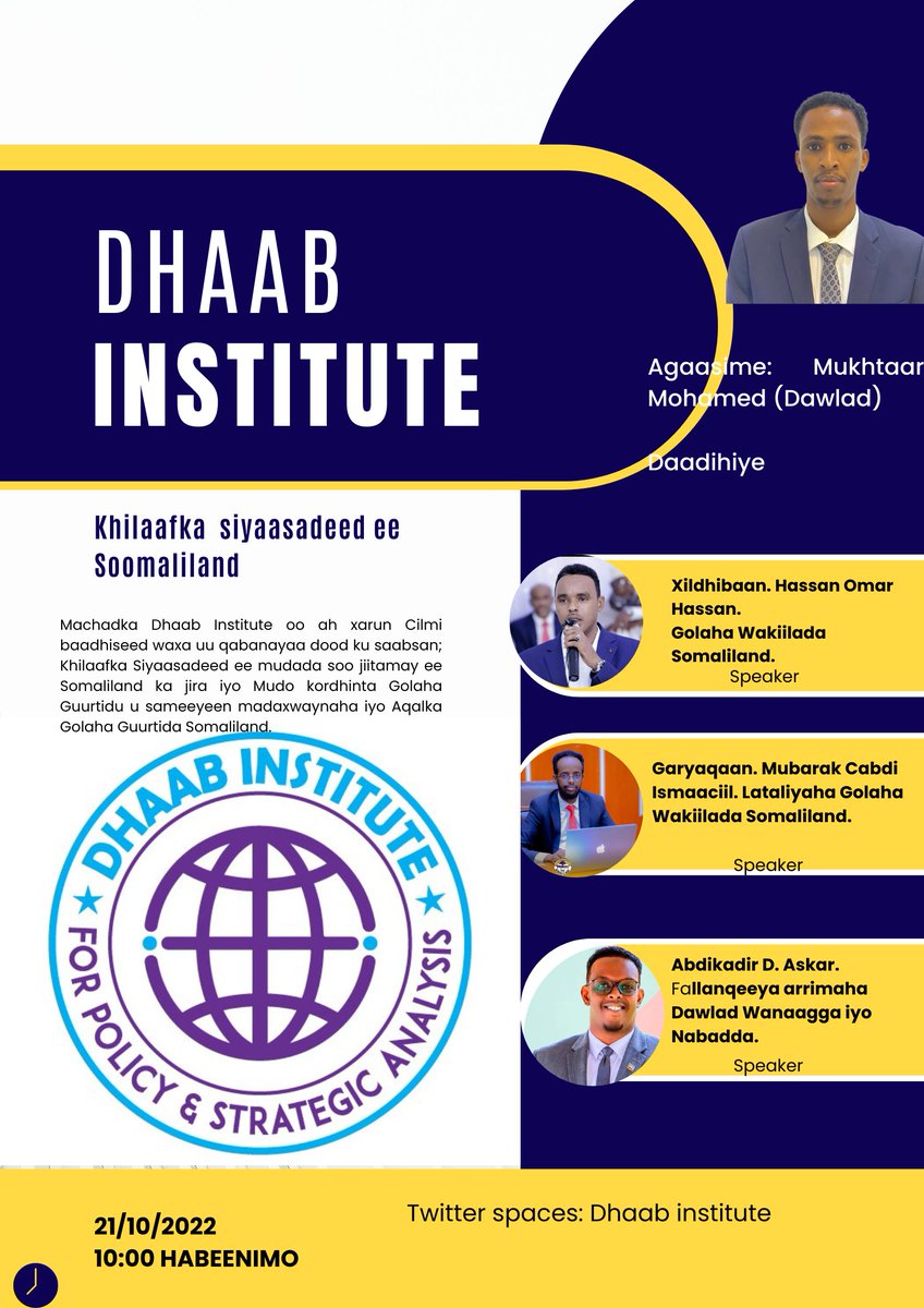 MachadkaDhaab's tweet photo. Dhaab Institute brings to scholars to the public by shedding light on the political resolution to the recent of political conflict in Somaliland.

#slnec 
#DhaabInstitute https://t.co/G6P1A2rflw
