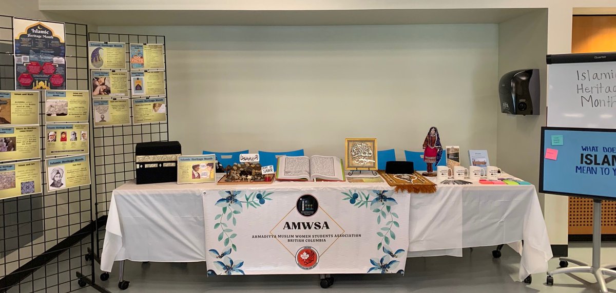 LajnaVBCCanada's tweet photo. The Ahmadiyya Muslim Women Students Association [AMWSA] @SFU exhibits the rich heritage, culture, traditions, and beliefs of Islam at Simon Fraser University. 

Check it out for yourself!
#IslamicHeritageMonth #IslamAhmadiyyat @rashid_daniaa @SFUcentral https://t.co/B86BIYCKV9