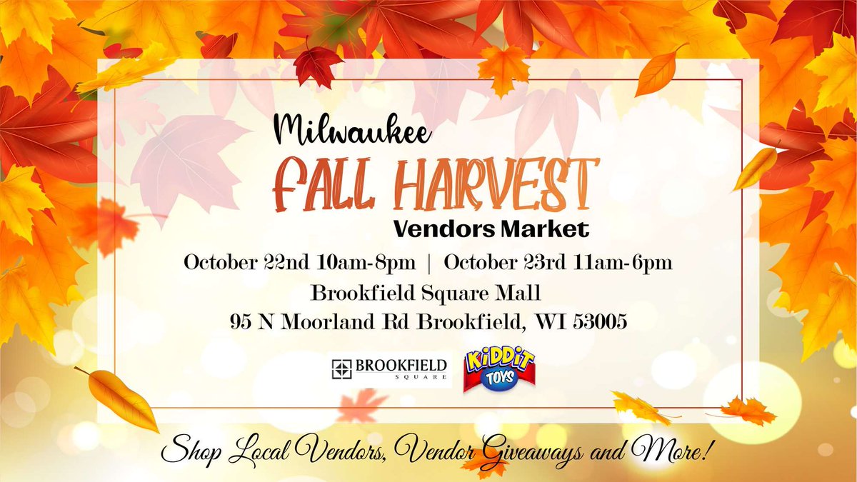 BrookfieldSq's tweet photo. Bet your Autumn dollar an awesome weekend is ahead at Brookfield Square! 🍂 🎃 Shop local businesses and experience fantastic giveaways at the Fall Harvest Market during mall hours on Saturday/ Sunday!
https://t.co/ELAgthY6I8 https://t.co/lj4Bi6asBU