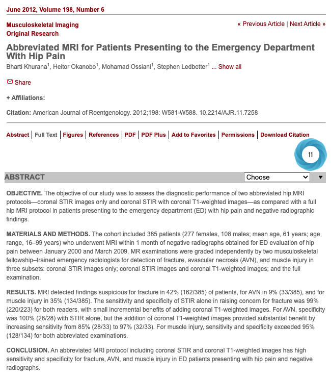 KhuranaBharti's tweet photo. Thanks for sharing, @EmergRad  Delighted to see our work on abbreviated hip MRI in ED from a decade ago still holds true #EDRad #MSKRad @ERadSociety @elonwysun @BWHERad 
https://t.co/45Wnnvx5Q9
https://t.co/SoS3dFR24d https://t.co/UVUIKVl0QC