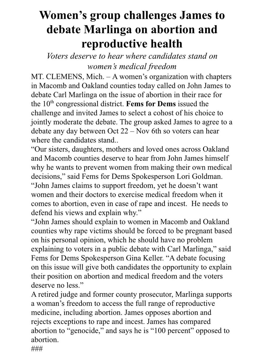 Fems_for_Dems's tweet photo. We are officially challenging @JohnJamesMI to debate @MarlingaForMI10 on abortion and reproductive healthcare! Let’s hear straight from these candidates where they stand on this issue. https://t.co/QxthIa4WmY