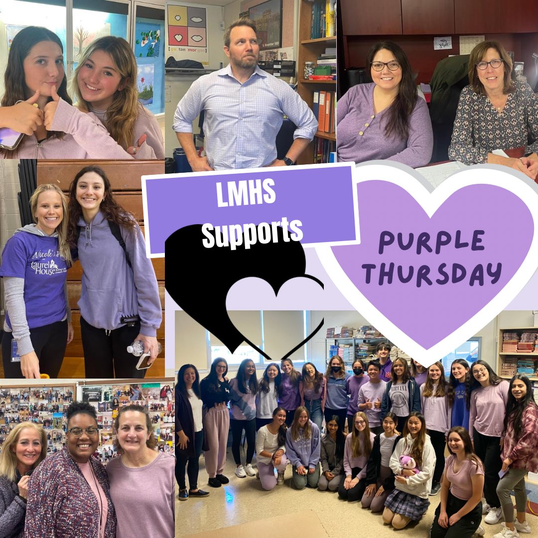 MrsMaxwellLM's tweet photo. Grateful to have such a supportive school community for this important issue.  Thank you LMHS for raising awareness for dating and domestic violence 💜 #PurpleThursday #enddv @LaurelPA @LMTSD https://t.co/HbcSikUQfp