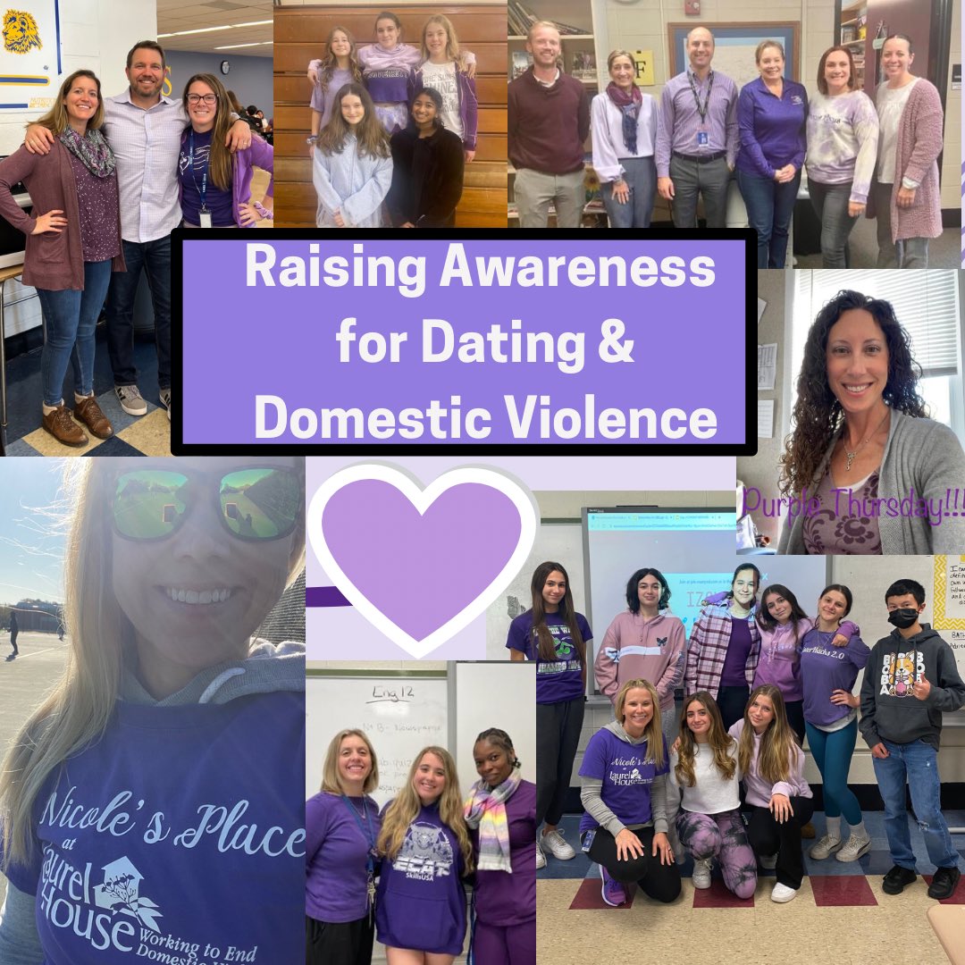 MrsMaxwellLM's tweet photo. Grateful to have such a supportive school community for this important issue.  Thank you LMHS for raising awareness for dating and domestic violence 💜 #PurpleThursday #enddv @LaurelPA @LMTSD https://t.co/HbcSikUQfp