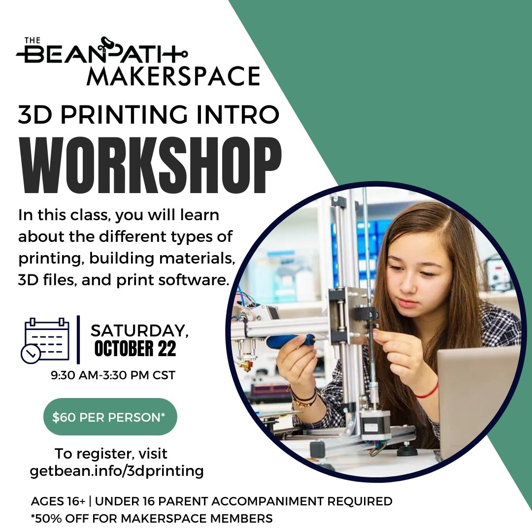 InnovateMS's tweet photo. Participants will learn about the different types of printing, building materials, 3D files, and print software and more during this 3D Printing Intro Workshop! @theBeanPath
Only a few slots left. Sign up today! https://t.co/7eTVaBlnnQ
#thebeanpath #innovatems https://t.co/CGFR0muchd