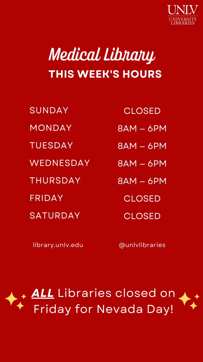 unlvlibraries's tweet photo. This week's opening hours at the #MusicLibrary, #ArchitectureLibrary, #MedicalLibrary, and #TDRL.

We'll be closed on Friday, October 28th for Nevada Day. https://t.co/ElkThYsthT