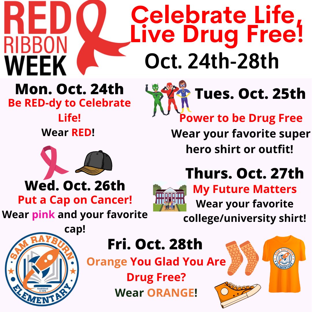 DennielP's tweet photo. Next Week is Red Ribbon Week! ❤️  Help us "Celebrate Life and Live Drug Free" with our Spirit Week! Oct. 24th-Oct. 28th! Show your SPIRIT! 🚀@Rockets120 @McAllenISD #rocketpride https://t.co/gA8R9LG9kk