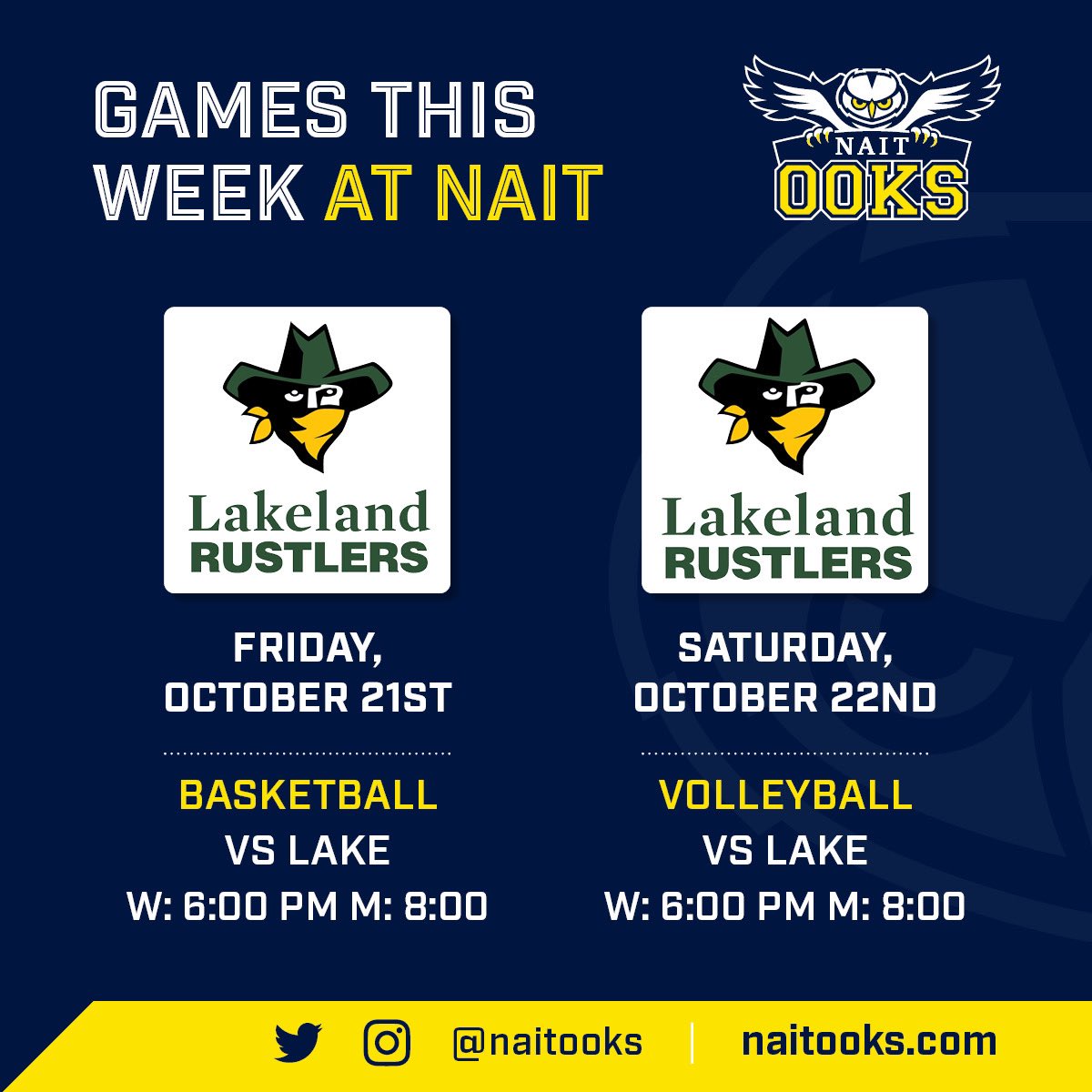 naitooks's tweet photo. This weeks gym sports at NAIT! Our basketball teams kick off their season Friday night! Please note that the banner raising ceremony for the women’s basketball team will be held on October 29th at 8 PM! #ooksNAITion https://t.co/hyCcfarlRO