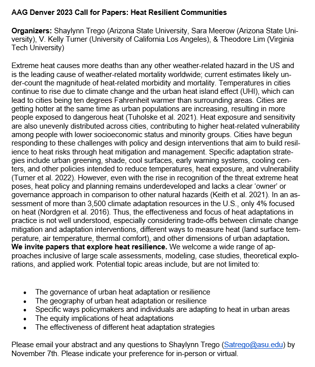 Working on #heat #resilience & planning to attend #AAG2023? If so consider submitting to our session on Heat Resilient Communities, co-organized with @shaylynntrego, @VKellyTurner, & @CHAOLIM85 @theAAG