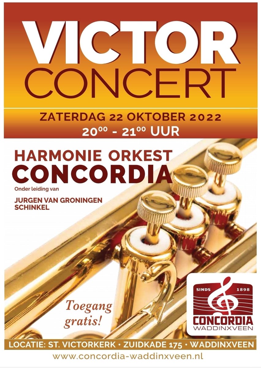 Hebben jullie ons concert al in de agenda staan? As zaterdagavond 22 okt tussen 20-21uur in de Victorkerk te Waddinxveen.
We spelen o.a. de 5e van Beethoven, Music from the Royal Fireworks, maar ook een compilatie van Michael Flatley; Lord of the Dance.
