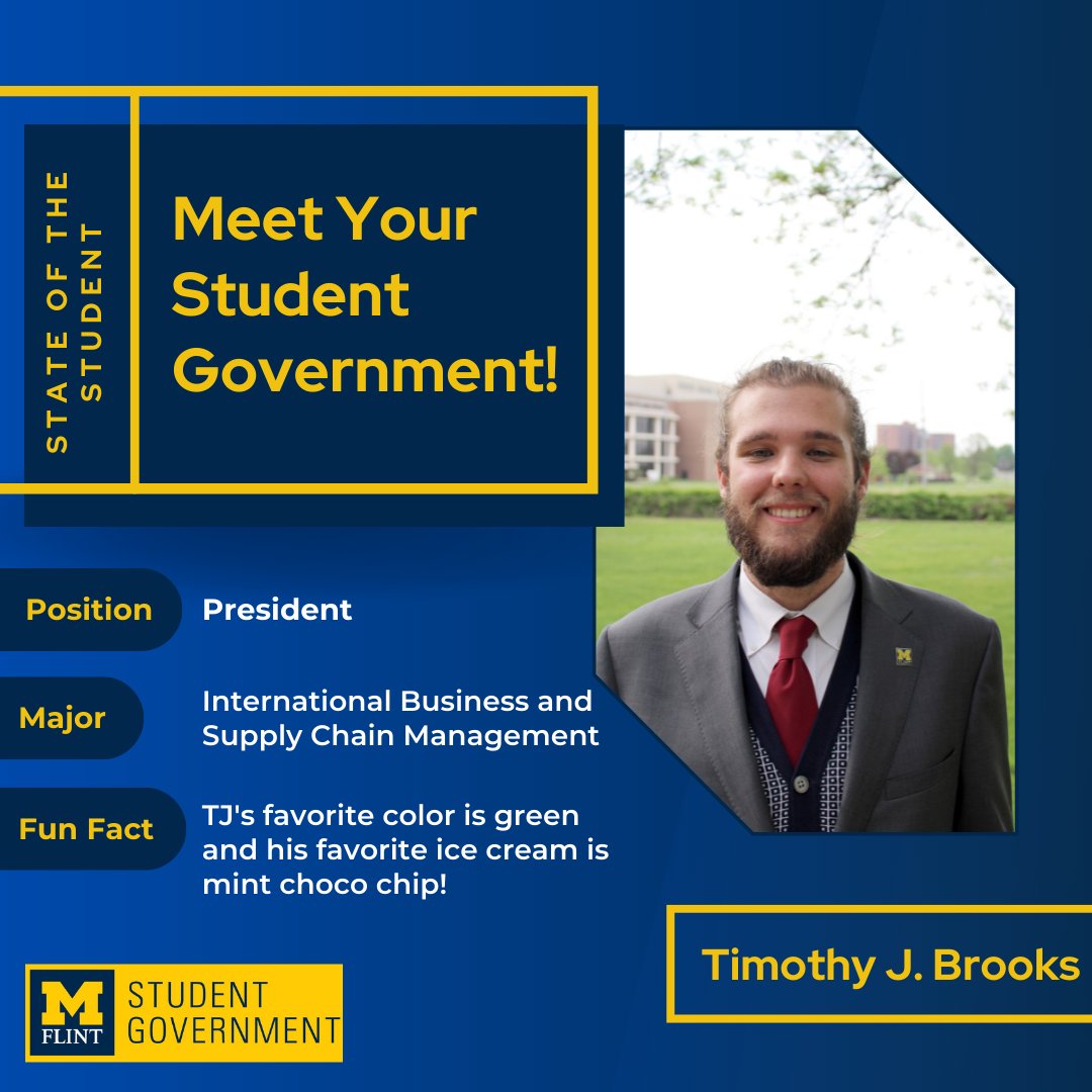 SGumflint's tweet photo. The annual State of the Student is coming up! Stay tuned as we introduce you to our SG members each day leading up to the 25th, where you can meet with us in person and voice your questions and concerns!
 #umich #sgumflint #goblue #umflint https://t.co/8H6NvTfDbg