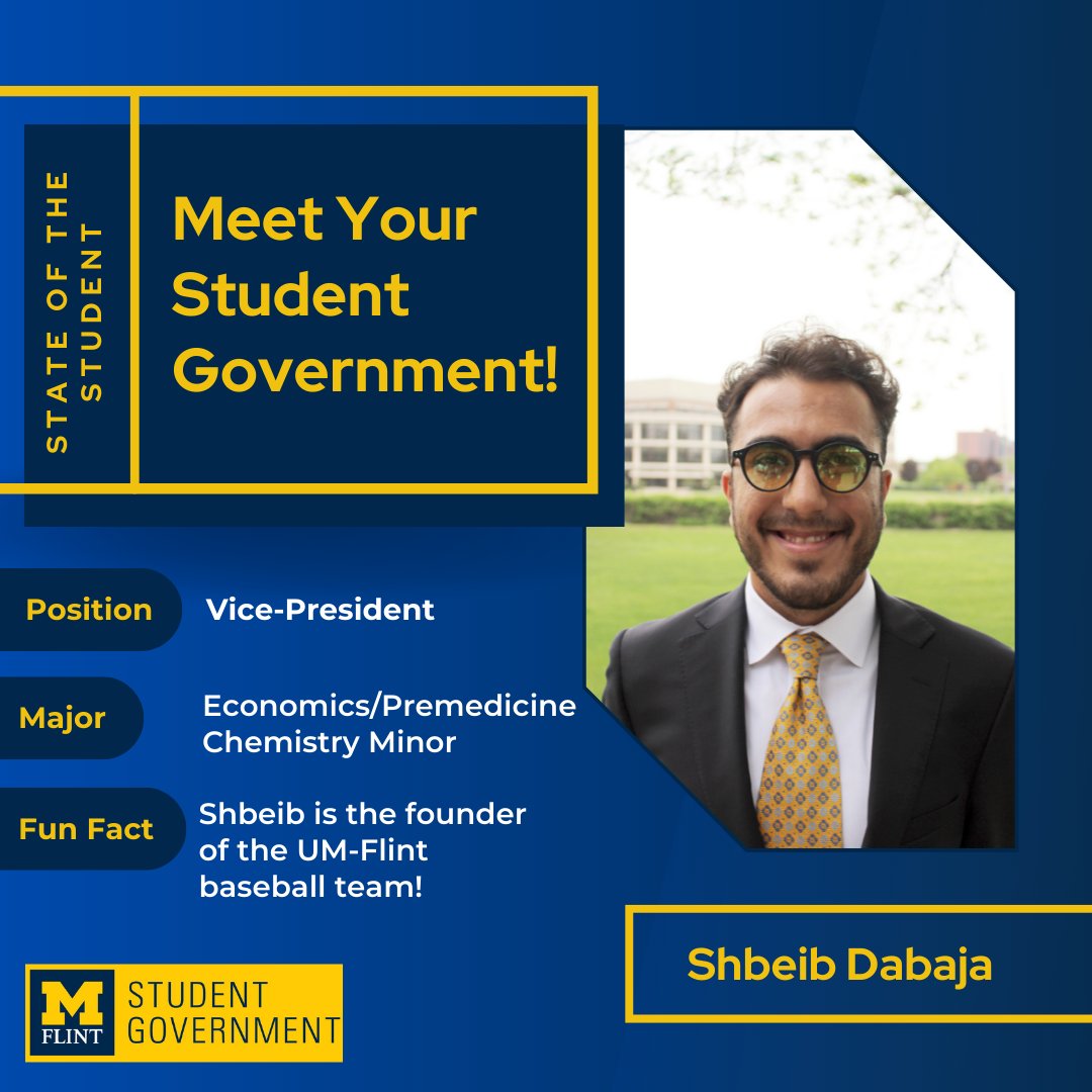 SGumflint's tweet photo. The annual State of the Student is coming up! Stay tuned as we introduce you to our SG members each day leading up to the 25th, where you can meet with us in person and voice your questions and concerns!
 #umich #sgumflint #goblue #umflint https://t.co/8H6NvTfDbg