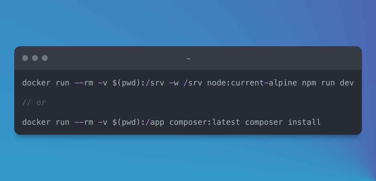 aschmelyun's tweet image. I've started running commands using Docker containers instead of installing + maintaining the software on my local machine 🐳
Pros: always up to date, easy to change versions
Cons: lots of typing (but I've created aliases)