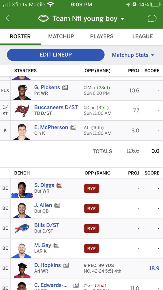 MileHighRacks's tweet photo. @ESPNFantasy somehow y’all messed up and said dhop was on a bye mid game and he ended in my bench while he was actually playing. How do I fix this?!?! https://t.co/KnFkL3ivya
