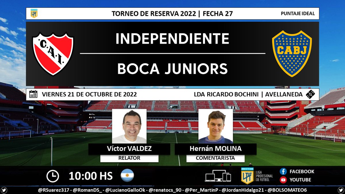 ⚽ #ReservaLPF 🇦🇷 | #Independiente vs. #Boca 🎙 Relator: @victorvaldez75 🎙 Comentarista: @hernanmolinaa 💻📱 Redes sociales de la @LigaAFA 🔗 Facebook: facebook.com/ligaprofesiona… 🔗 YouTube: youtube.com/ligaprofesional Dale RT 🔃