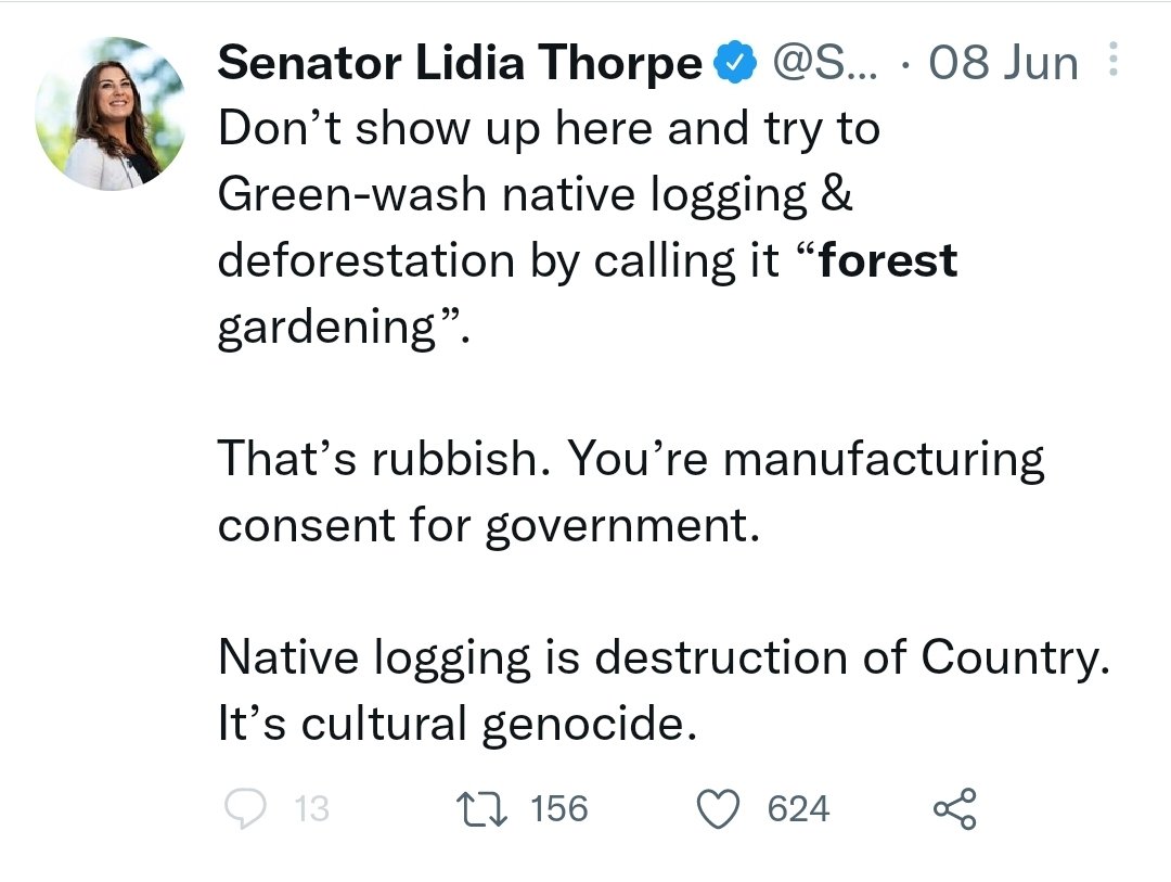 Lidia Thorpe has been a consistent and forthright defender of forests against those who just want to see them cut down for money. #AssociatingWithLidia