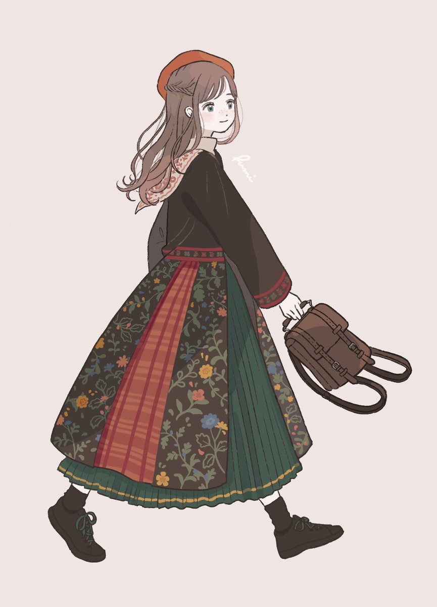 1girl solo black footwear skirt brown hair long hair bag  illustration images