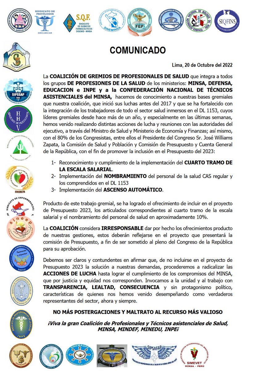 GMinsa's tweet photo. 📣COMUNICADO📣
🔴OFICIAL🔴
@congresoperu @AlejoMunante @PedroCastilloTe @anibaltorresv @Minsa_Peru @Defensoria_Peru @JOSELUNA_G https://t.co/eHzeHXHuWd