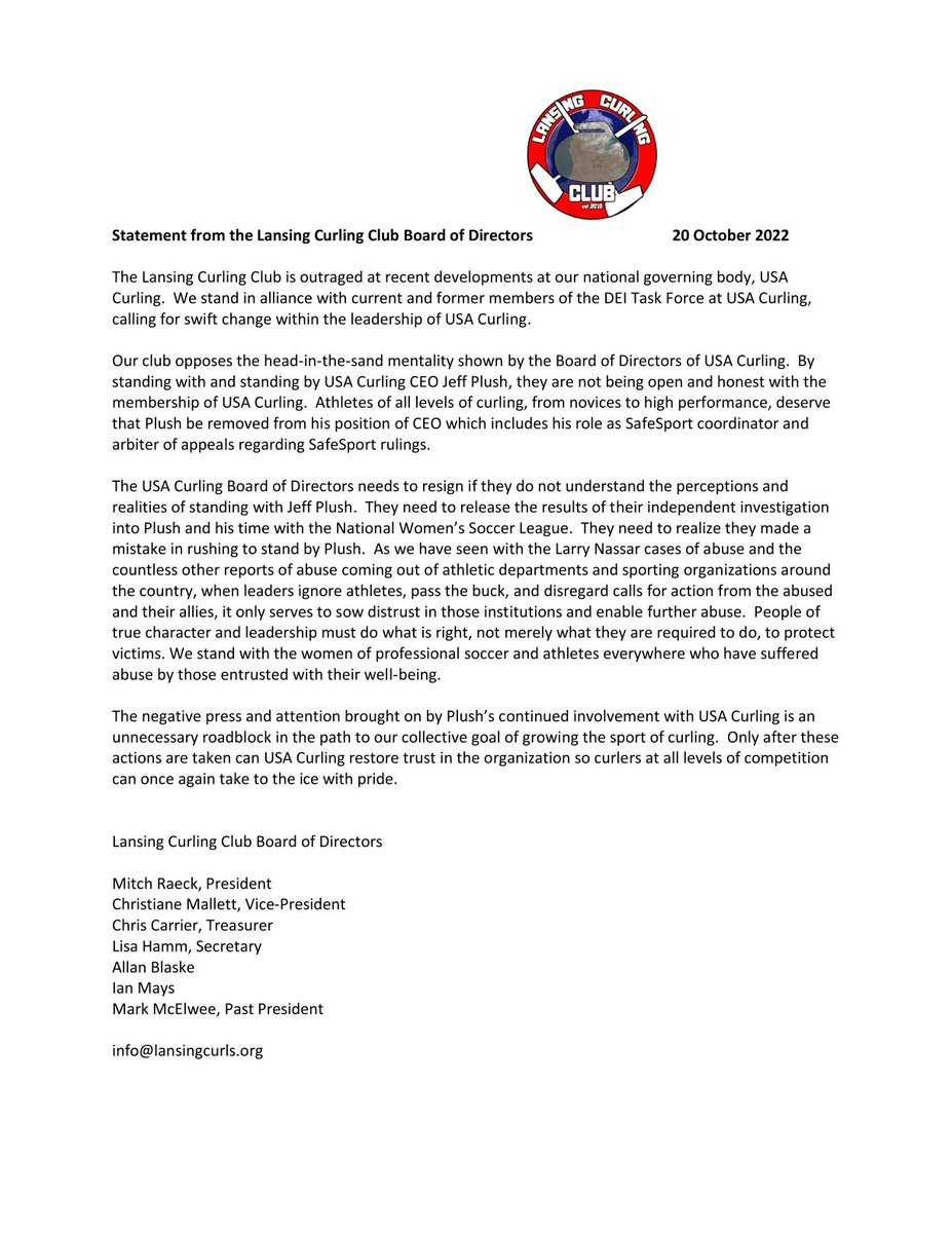 lansingcurls's tweet photo. A statement from the Lansing Curling Club board. https://t.co/Utlp24qqfx