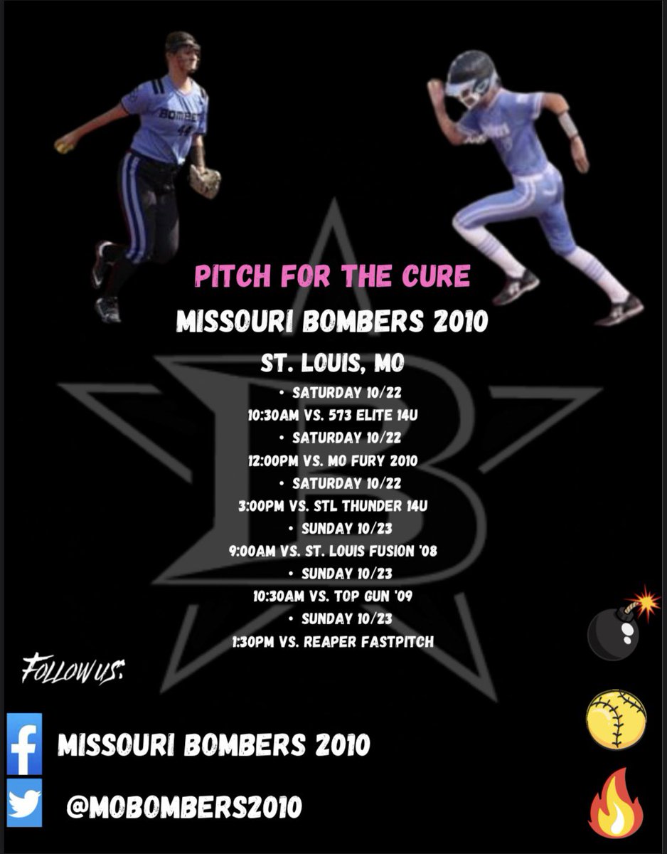 TopGun2028NTL's tweet photo. Missouri Bombers 2010 lace them up one last time for the season as we hit the dirt this weekend in the Pitch for the Cure tournament. Let’s gooo! 
💣🥎🔥

#AllGasNoBrakes
#alwaysinthefight
#calmlikeabomb
#hardworkpaysoffs https://t.co/jLGpkV1Psa