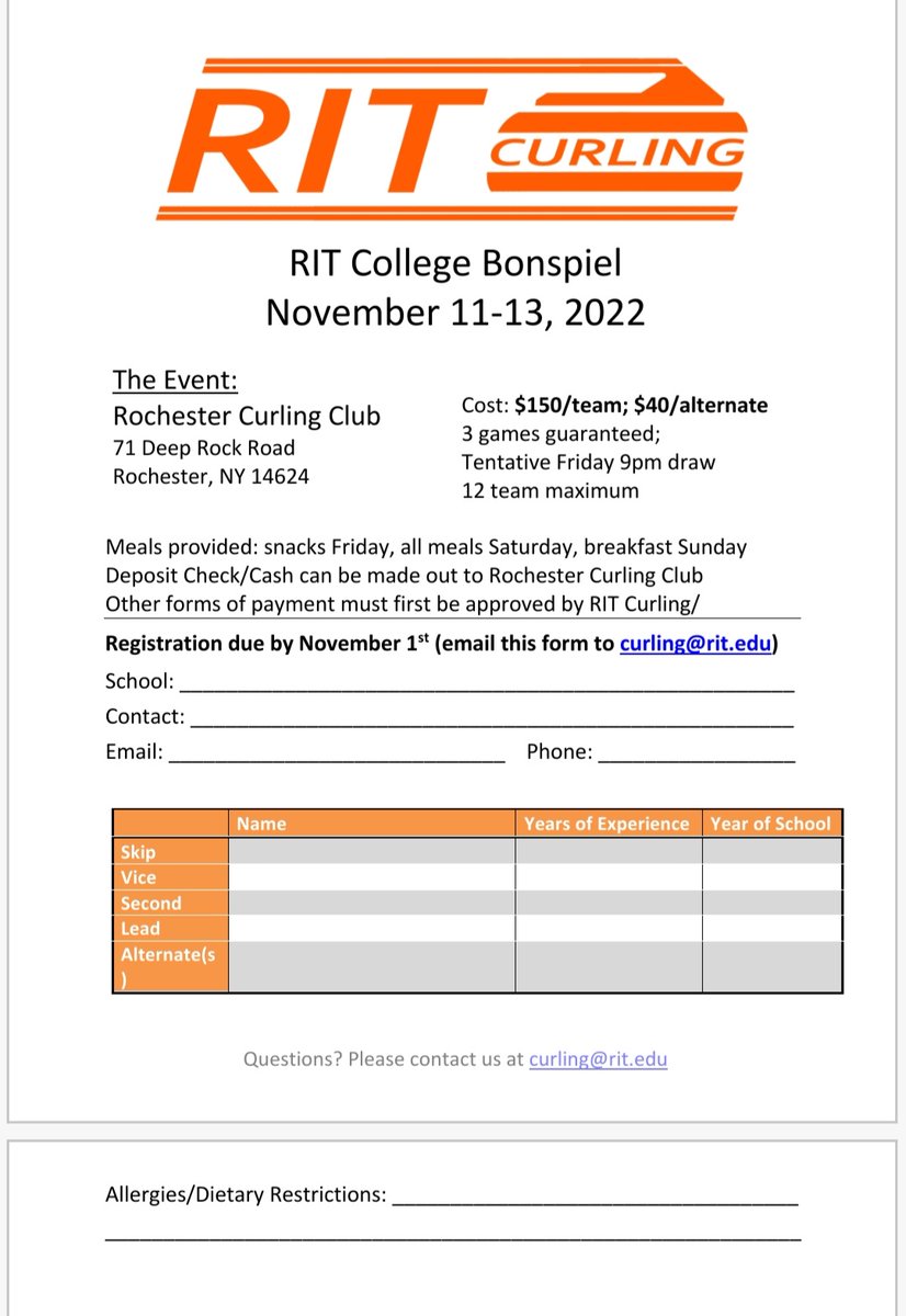 RIT Curling Club (@ritcurling) on Twitter photo RIT Curling has extended the registration deadline of its collegiate bonspiel to November 1st. Please contact curling@rit.edu with any questions. RIT Curling has extended the registration deadline of its collegiate bonspiel to November 1st. Please contact curling@rit.edu with any questions.