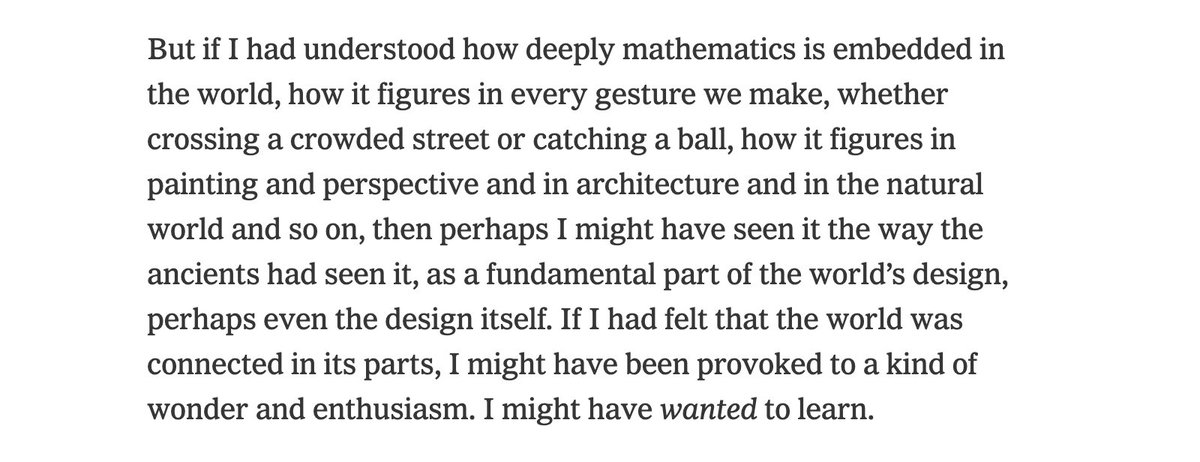 Alec Wilkinson disliked math as a boy. At 65 he decided to try learning it again. And this time he approached it with awe and wonder. Imagine if we showed students the beauty in math the first time they encountered it nytimes.com/2022/09/18/opi…