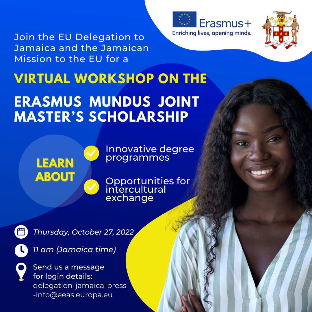 EUinJamaica's tweet photo. .@EUErasmusPlus provides amazing opportunities to grow academically and professionally!🌎📝📕

We've partnered with the Jamaican Mission to the EU to answer all your questions.

Thurs, Oct 27 | 11 am (JA time)📌

For login info✉️: 
delegation-jamaica-press-info@eeas.europa.eu https://t.co/YA14uYOzS8