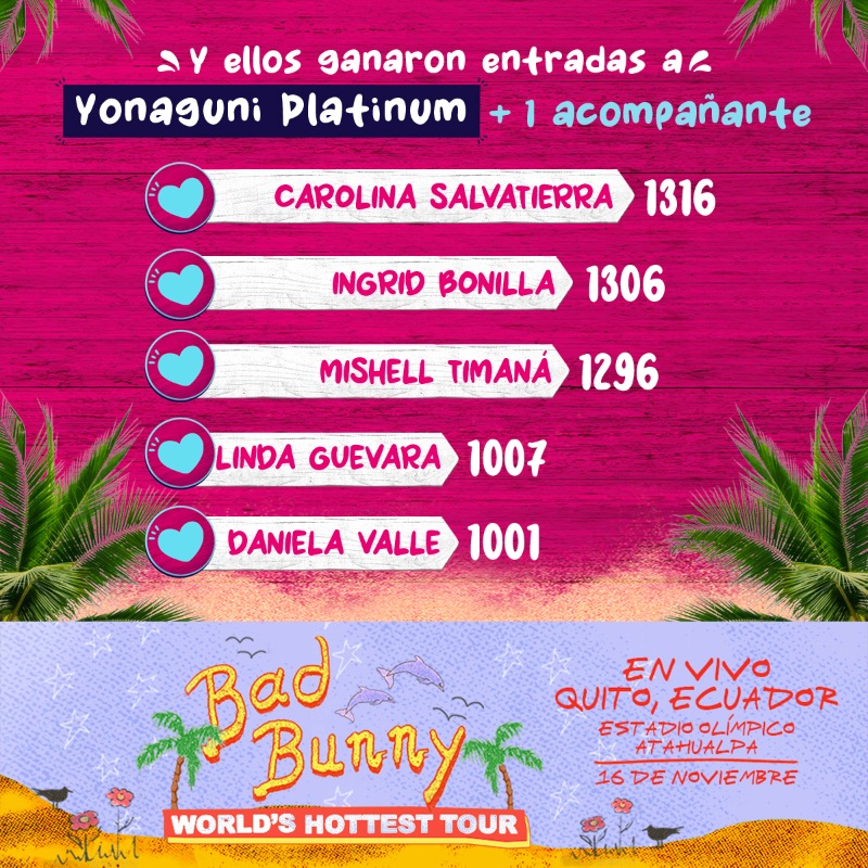 BancoGuayaquil's tweet photo. 🎵🎶Mami sube algo, dame contenido. Este es el top 20 de Content Creators que podrán disfrutar del concierto de Bad Bunny en vivo 🐰. #PrimeroElVIP