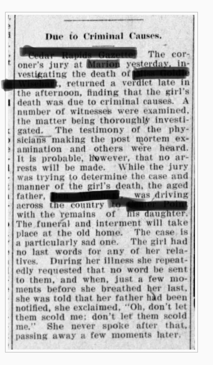 Doing some  #geneology work, here’s a young woman who died in the early 1900s. 1st the article saying she died from a “criminal operation”; then her death certificate, confirming her #abortion; &amp; an article with her final words. This haunts me. #vote💙