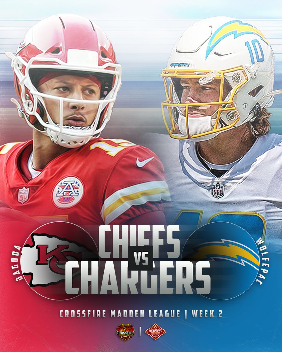CrossfireLG's tweet photo. DIVISIONAL RIVALRY CLASH! 💥 
GOTW Week 2. 👀 
Chiefs v Chargers. 🍿 

#FranchiseNation // @EAMaddenNFL @CFMNetwork @NeonSportz @LeagueCrawler https://t.co/l2lHhTFgDY
