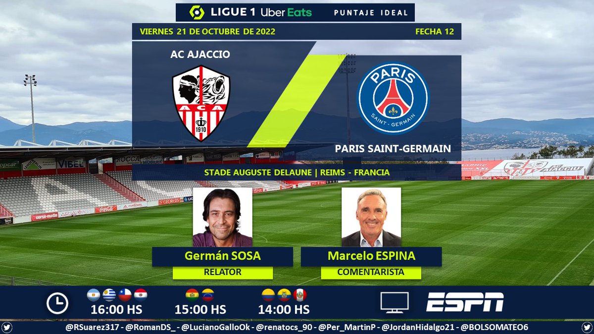 ⚽ #Ligue1 🇫🇷 | #ACAjaccio vs. #ParisSaintGermain 🎙 Relator: @GermanSosaEspn 🎙 Comentarista: @marceloespina8 📺 #ESPN Sudamérica 💻📱 @ESPNPLAY - @StarPlusLA 🤳 #Ligue1xESPN - #ESPNenStarPlus - #ACAPSG - #PSG Dale RT 🔃