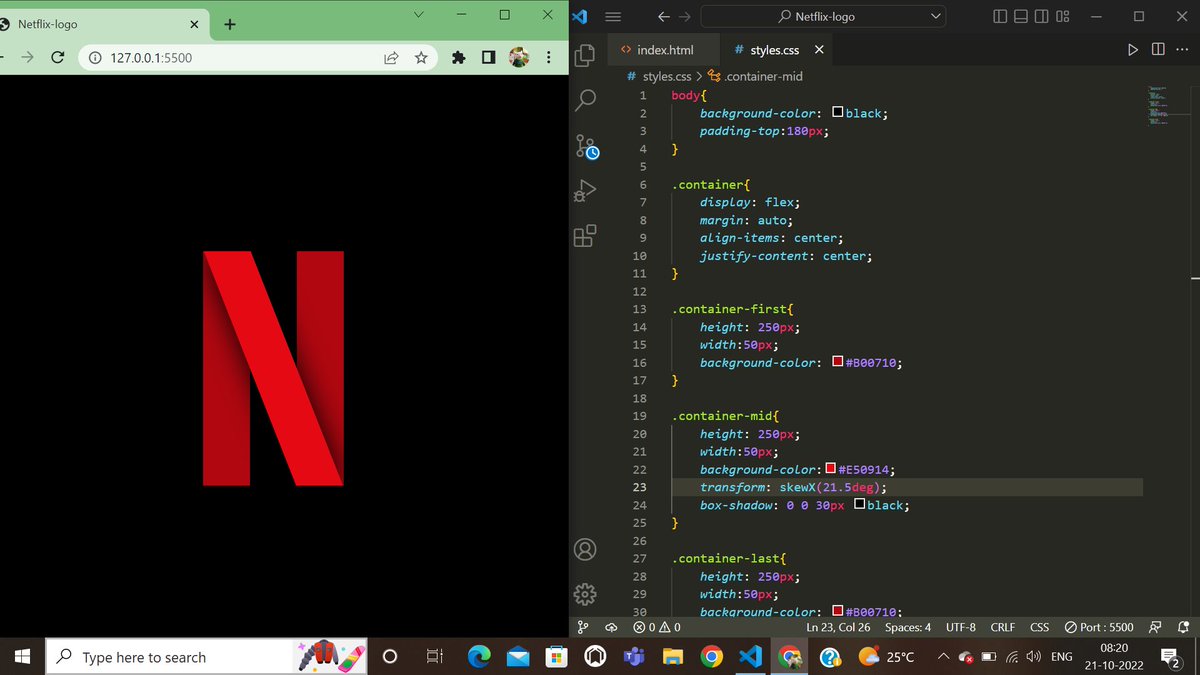 Pragyan1235's tweet photo. This practice makes me become better at  CSS  i.e, by making logos .
You get better at Googling and solving your issues . After I  finish these small projects it gives motivation to explore this field more and more.

#netflix #css #100daysofcode #webdevelopers #buildinpublic https://t.co/79JPEtDg2T