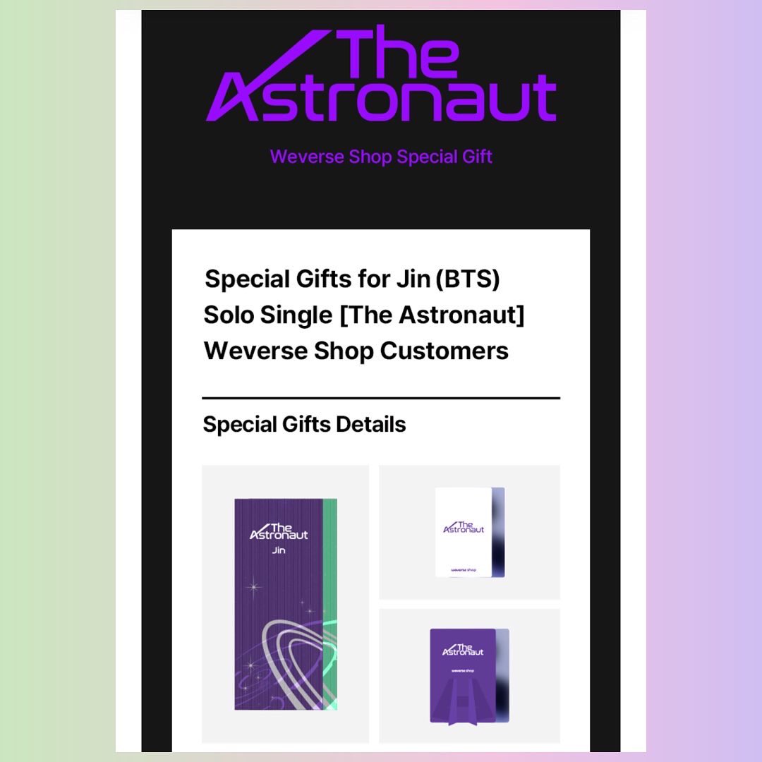 TheAhjummaShop's tweet photo. 🎁 Weverse Global POB for The Astronaut 🧑🏻‍🚀

Kindly keep in mind that POBs will only be available if you purchase during the pre-order period 😊

If you haven’t purchased Jin’s solo single yet, just send us a message. We are offering 3 payment installments!

#TheAhjummaShop https://t.co/KtYa6AKNQ7