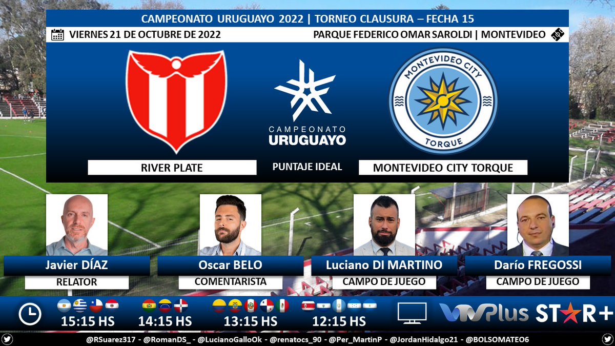 ⚽ #Clausura2022 🇺🇾 | #RiverPlate vs. #MontevideoCity 🎙 Relator: @javierdiazgamba 🎙 Comentarista: @oscarbelo 🎙 Campo de juego: @matiasdimartino y @dariofregossi1 📺 VTV Plus 🇺🇾 (@VTVuruguay) 💻📱 @StarPlusLA Latinoamérica 🤳 #CampeonatoUruguayo - #AUF - #Tenfield Dale RT 🔃