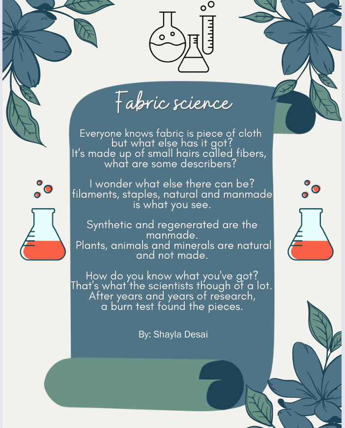 Thanks to #nationalchemistryweek, <a href="/thehaleyarroyo/">Haley Bilbray</a> inspired us to write poems about this year's topic Fabric Science from #ncw! #NTHCchemists #nthcinspire