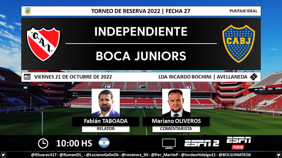 ⚽ #ReservaLPF 🇦🇷 | #Independiente vs. #Boca 🎙 Relator: @FabiTaboadaok 🎙 Comentarista: @MarianoOliveros 📺 ESPN2 // ESPN Premium 🇦🇷 🤳 #ESPNPremium - #PackFutbol - #RESERVASxSC - @ESPNArgentina Dale RT 🔃