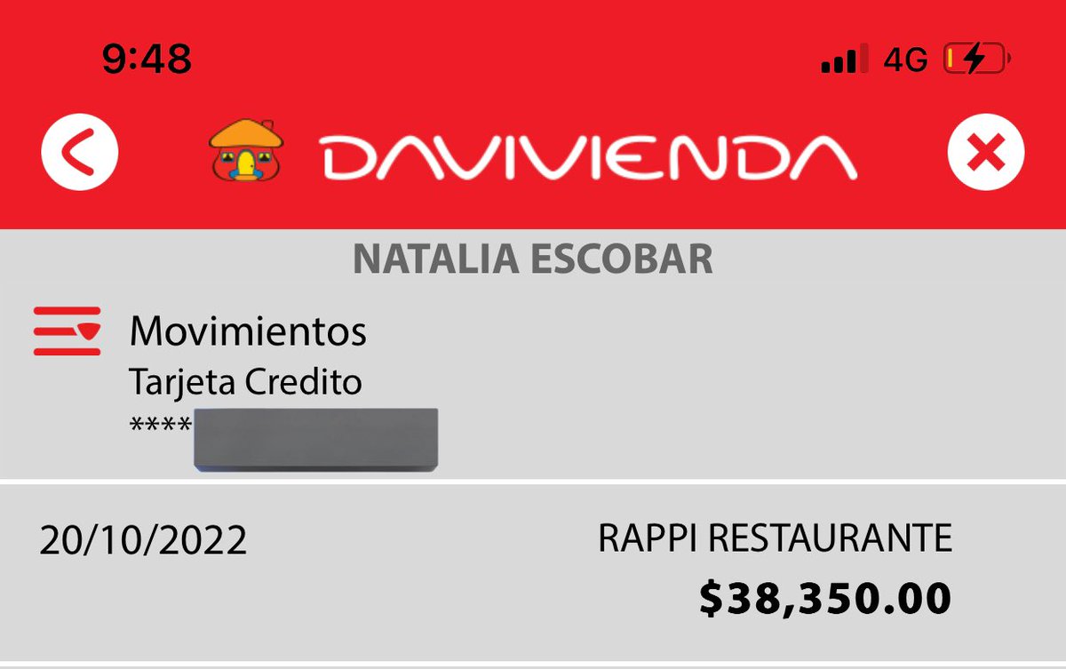 EscobarTalita's tweet photo. Modus operandi de @RappiColombia. Haces un pedido nocturno con pago por Tarjeta de Crédito… te llega un mensajito x el app de que no se pudo hacer el cobro… sin embargo tú banco te confirma el cobro x correo, x mensaje de texto y te aparece en el app de tu banco… https://t.co/1iNAJ69V6I