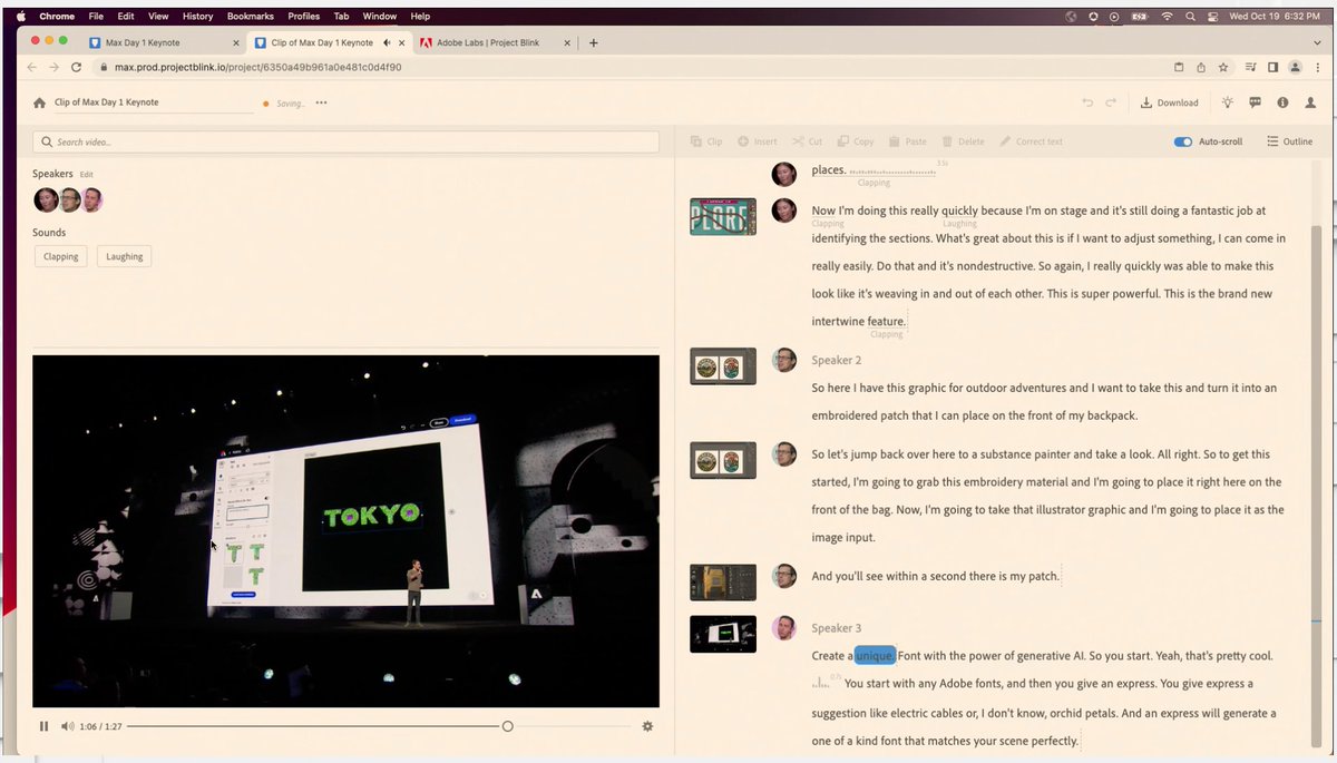 MrBunyi's tweet photo. AdobeMax2022 Sneaks

#projectblink, will you find the moment, line of speech, and word in a video and then created a short clip. This is the power of AI working in the background. I hope this will appear in Premiere Pro soon.

#AdobeMax #AdobeMax2022 #AdobeSneaks https://t.co/gjajaVk0Ge