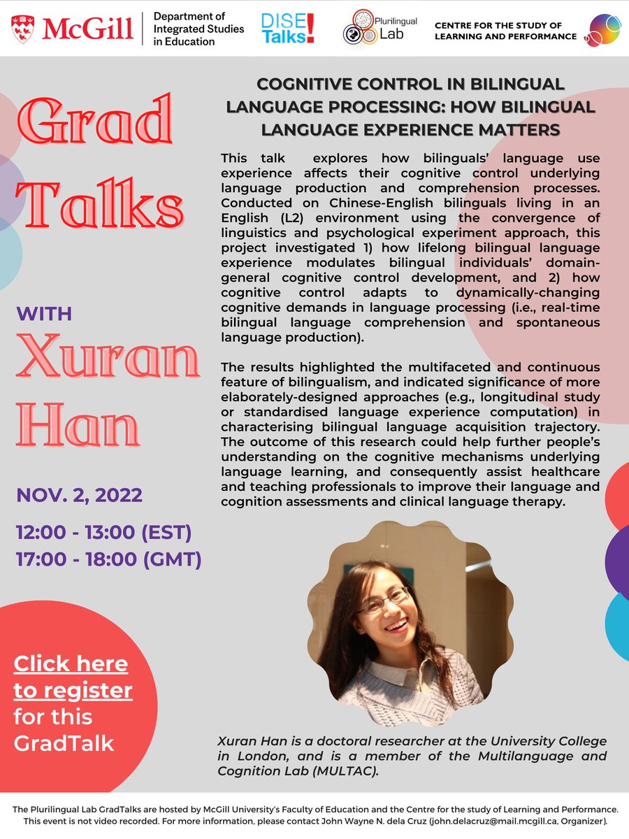 Plurilingual Lab (@plurilinguallab) on Twitter photo 📢Join us for our next Plurilingual Lab #GradTalk on November 2, 12pm-1pm (EST) via Zoom💻
<a href="/XuranHan/">Xuran Han</a> of <a href="/IOE_London/">UCL Institute of Education</a> and <a href="/MMultac/">Multilanguage and Cognition Lab (MULTAC)</a> will talk about cognitive control in bilingual language processing. All are welcome!
Free registration here⬇️
mcgill.ca/plurilingualla… 📢Join us for our next Plurilingual Lab #GradTalk on November 2, 12pm-1pm (EST) via Zoom💻
<a href="/XuranHan/">Xuran Han</a> of <a href="/IOE_London/">UCL Institute of Education</a> and <a href="/MMultac/">Multilanguage and Cognition Lab (MULTAC)</a> will talk about cognitive control in bilingual language processing. All are welcome!
Free registration here⬇️
mcgill.ca/plurilingualla…