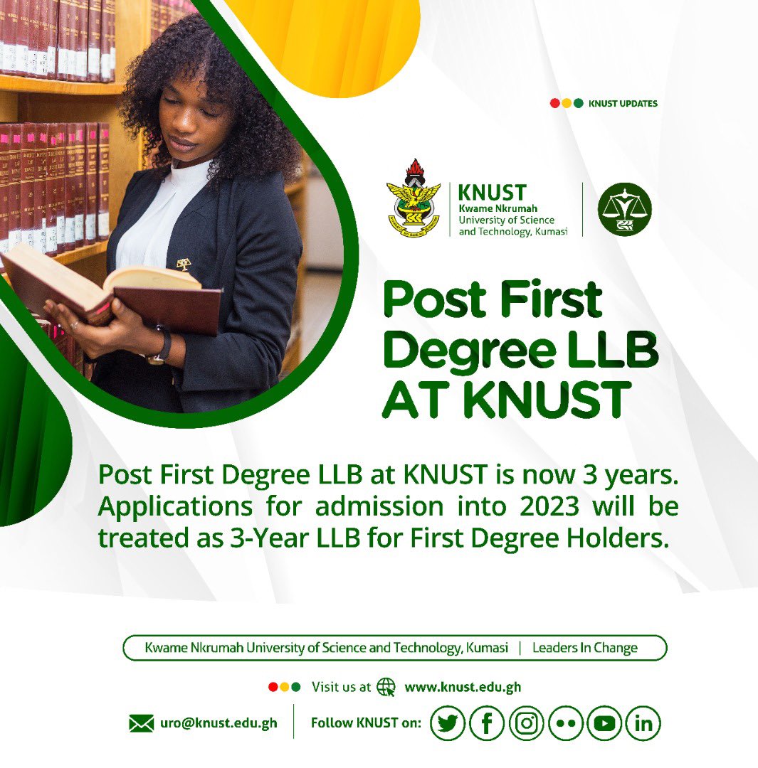 LawKnust's tweet photo. If you are a first degree holder and thinking of coming to KNUST for LLB, this is the best time as the programme is now 3 years. Lectures and Tutorials are held from Monday to Friday 5pm to 9pm . https://t.co/rmhZB2OB7n