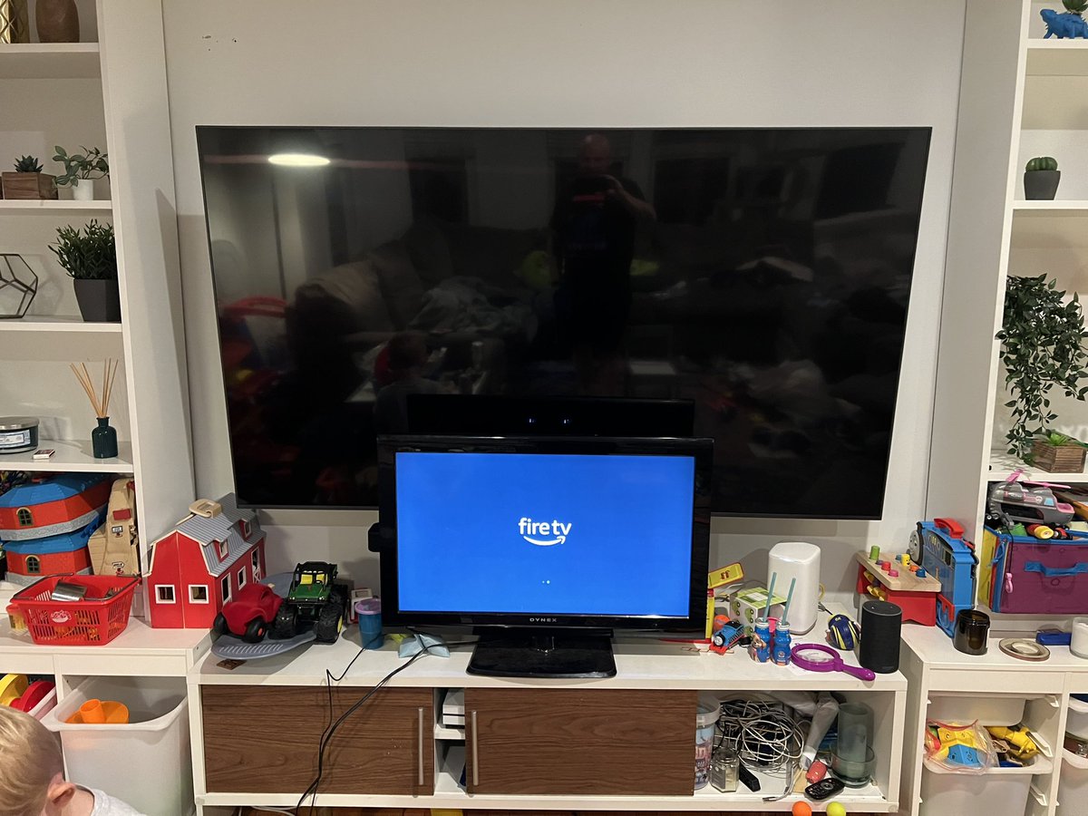 stoutredbeard's tweet photo. @LeShann Yes just last month. We were hitting whiffle balls in the house. He’s 3. Hasn’t been connecting at all until…he did. Brand new 75” tv. Stat cast says it was hit over 110mph. https://t.co/0iDQvldpm9
